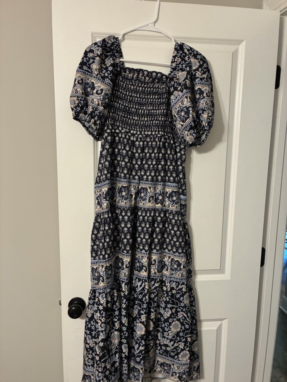 Smocked Navy Floral Maxi Dress with Puff Sleeves